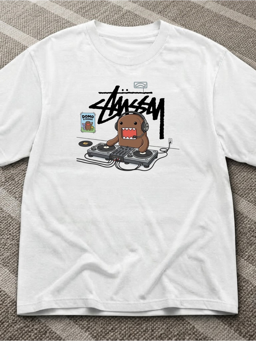 Gildan Stussy White Tee with Brown Domo DJ Graphic